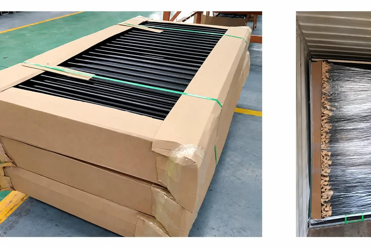 Black metal fence panels packed with cardboard edge and corner protection