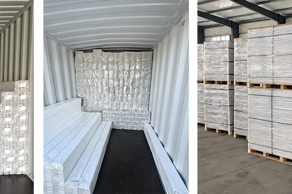 Packed fence materials arranged inside a shipping container