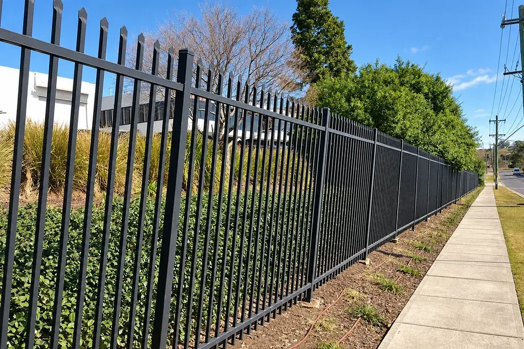 Installed black powder-coated steel security fence along a public boundary