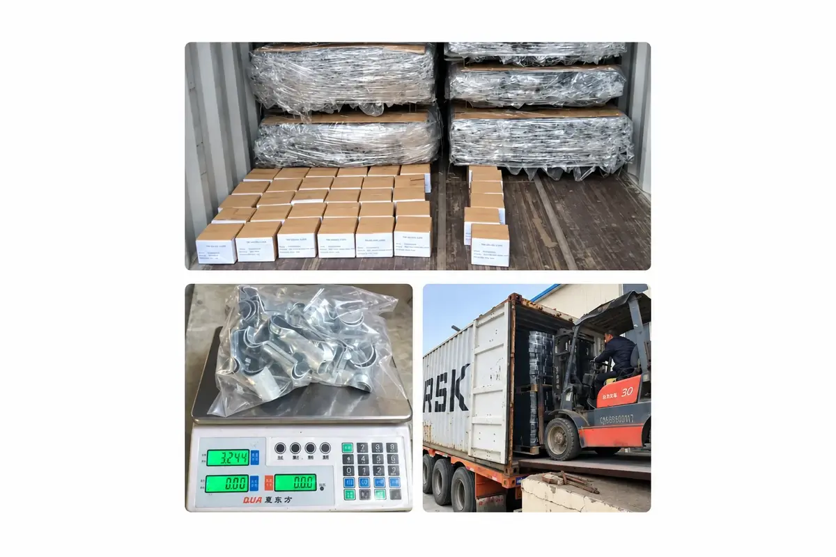 Labelled cartons and packed galvanised gate hardware prepared for delivery