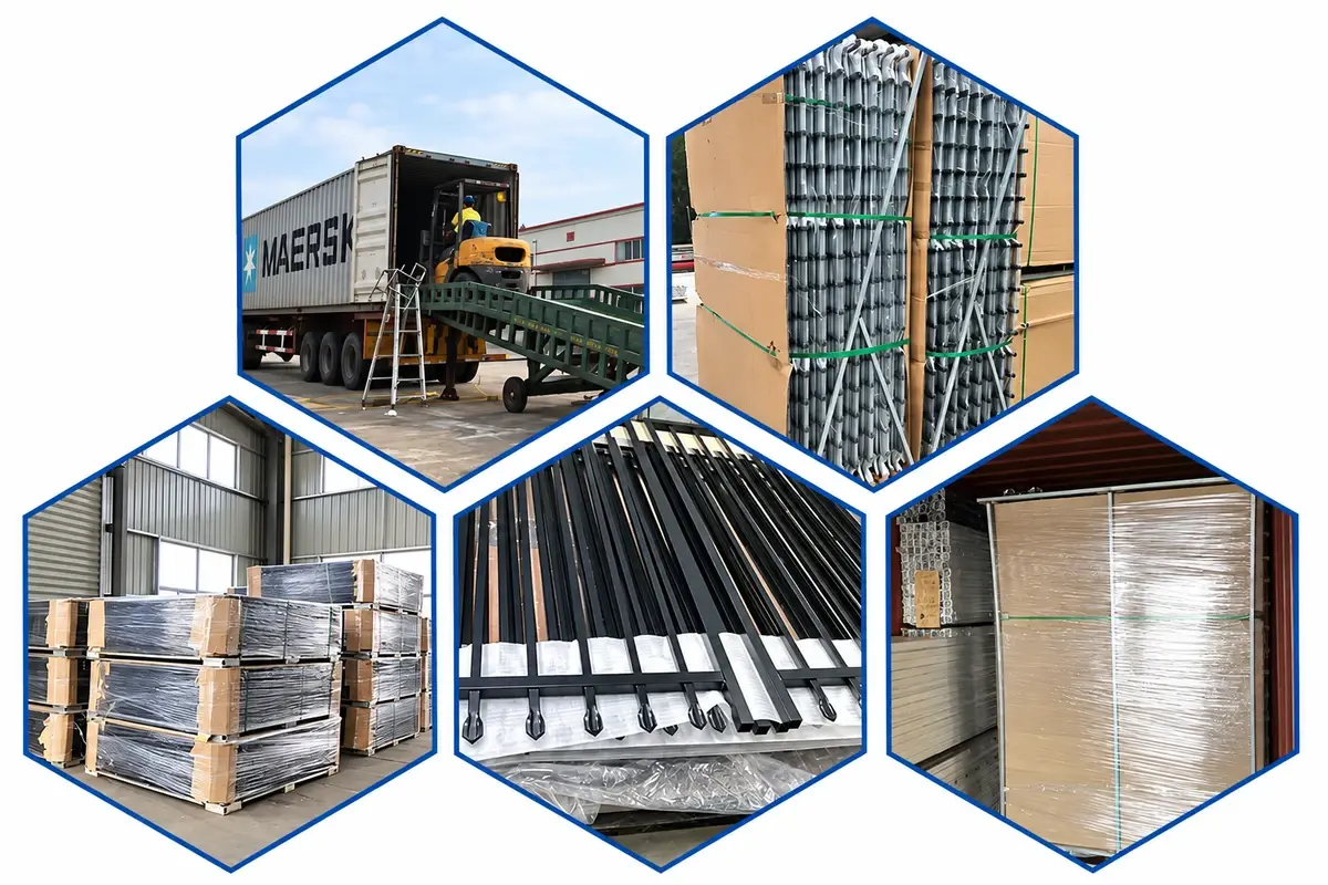 Steel fence panels shown packed, stored and loaded for transport