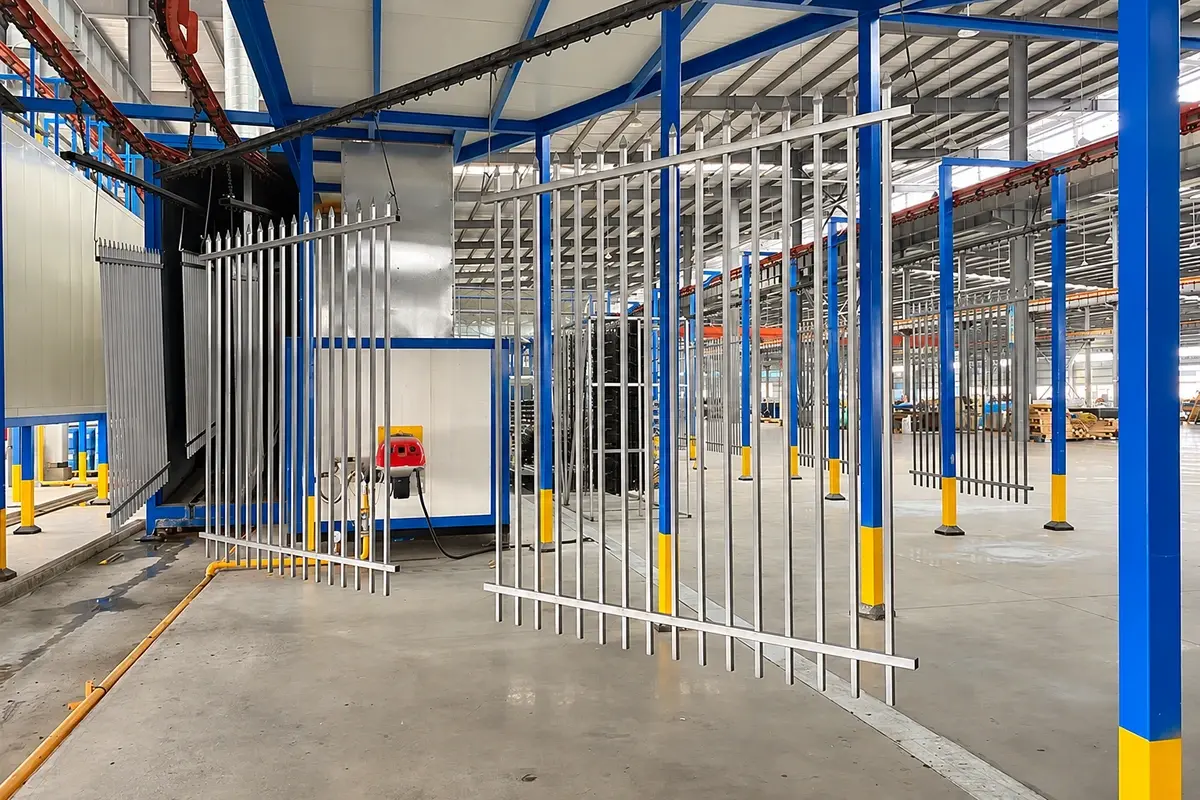 Steel fence panels suspended together during finishing