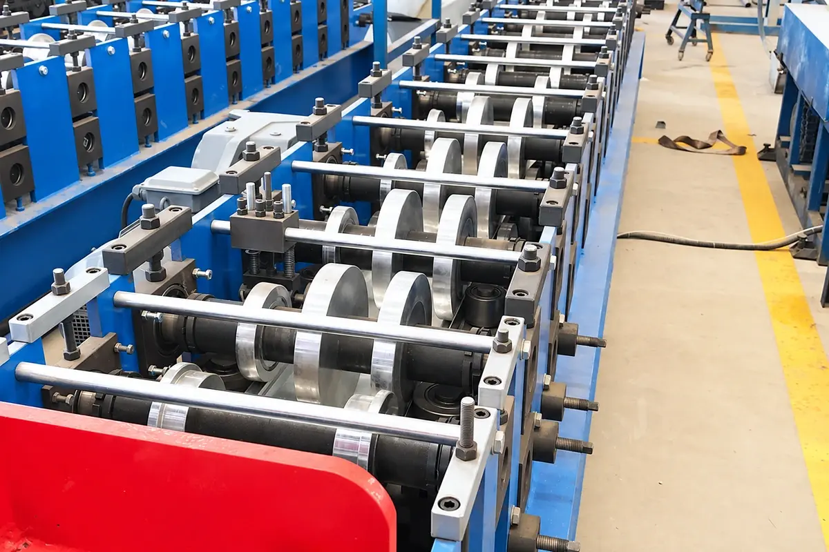 Metal fence profiles passing through a forming line
