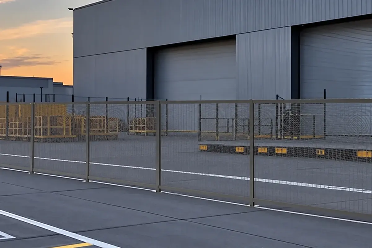 Repeated mesh fence bays and posts outside a commercial building