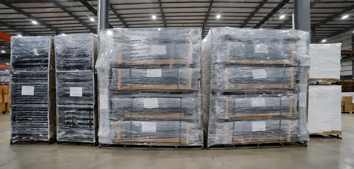 Wrapped metal fence panels prepared for dispatch
