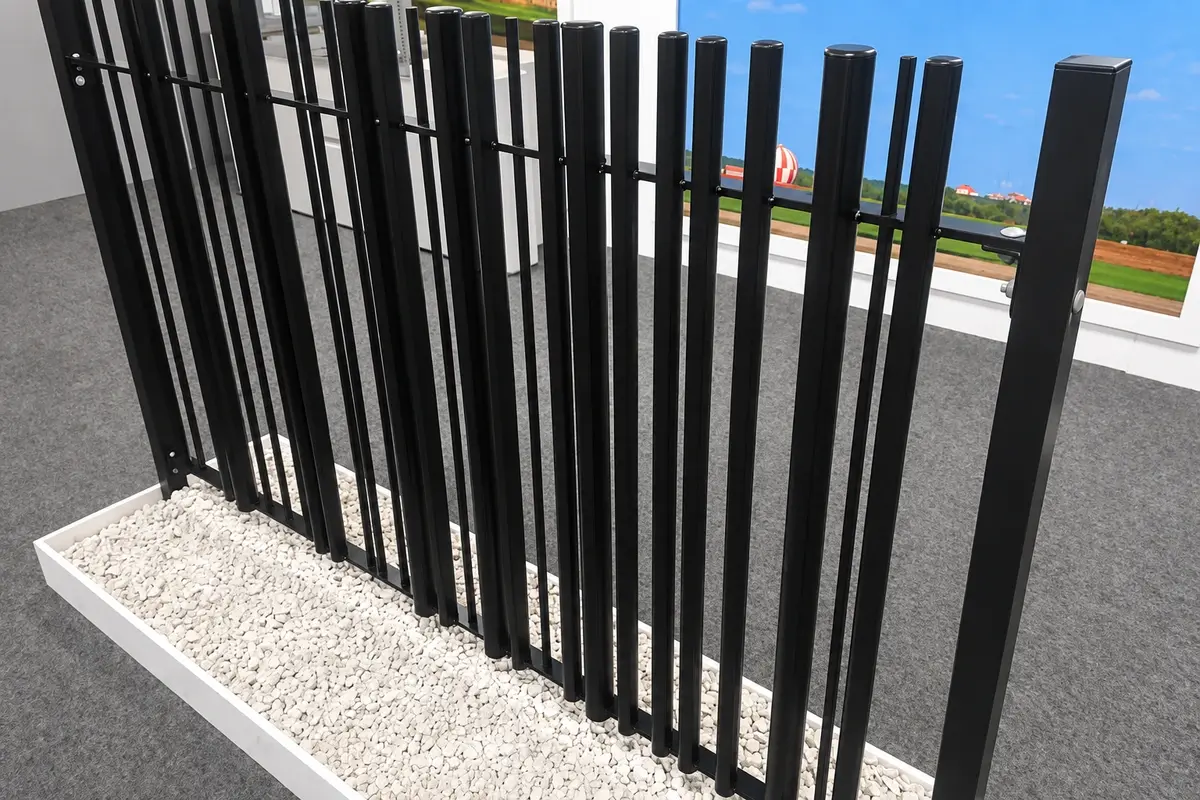 Black steel railing sections with vertical bars beside paving