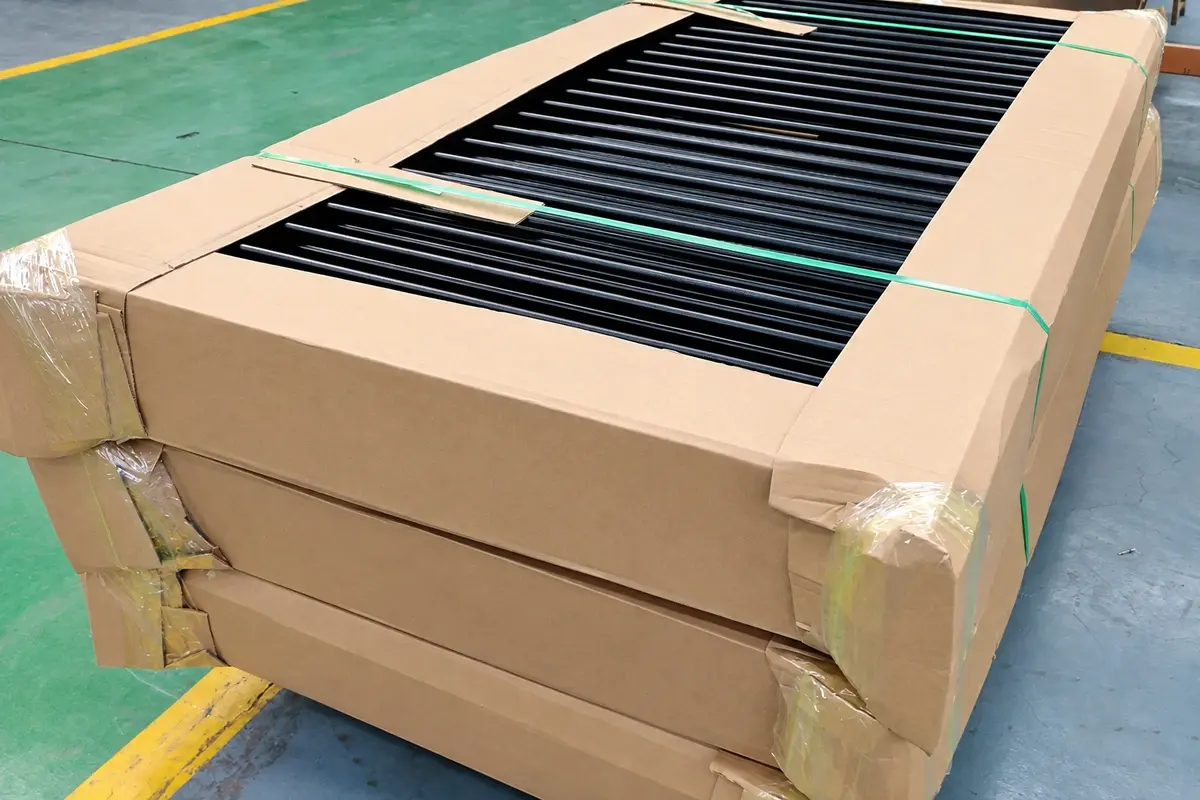 Metal fence components inside a cardboard package with edge protection
