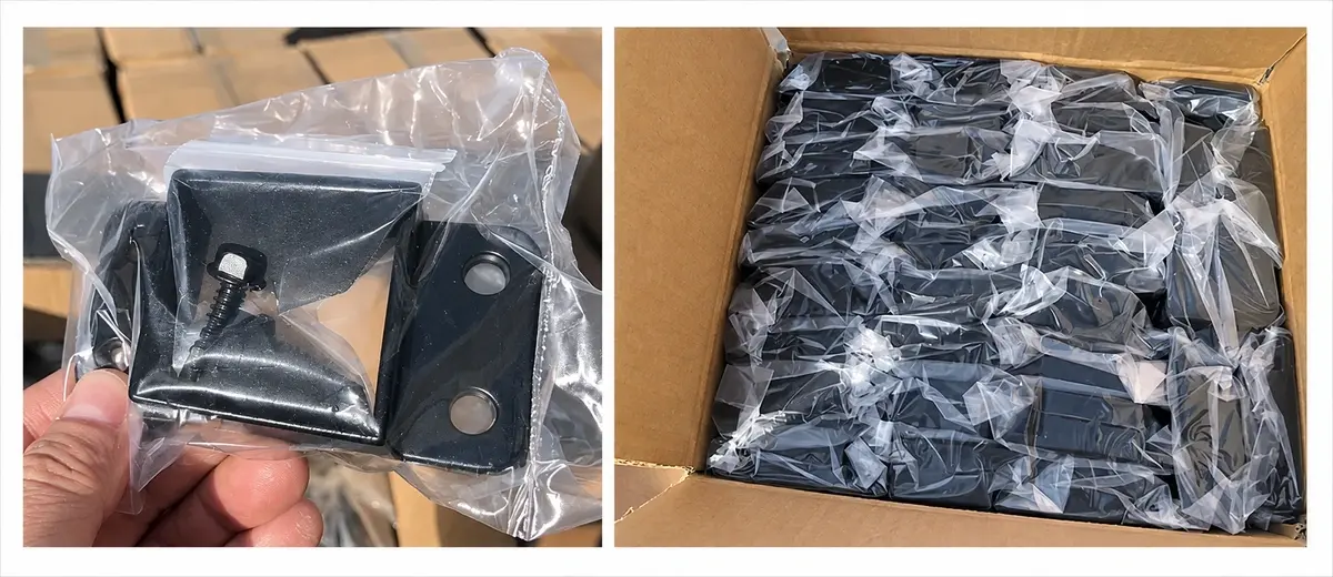 Individually bagged metal fence brackets arranged in a cardboard box