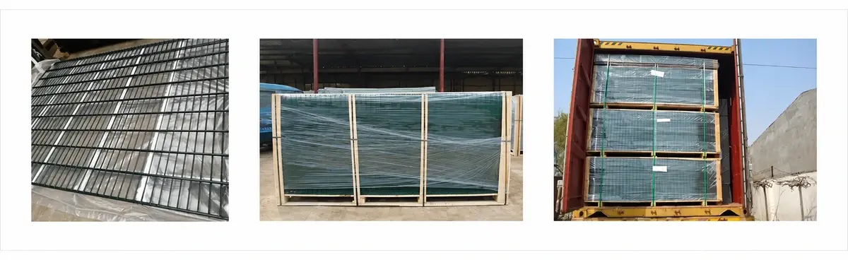 Wrapped pack of double-wire fence panels in a transport frame