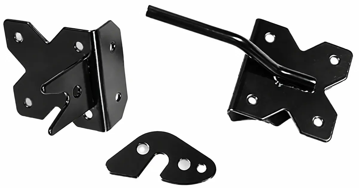 Black metal gate latch and matching fittings