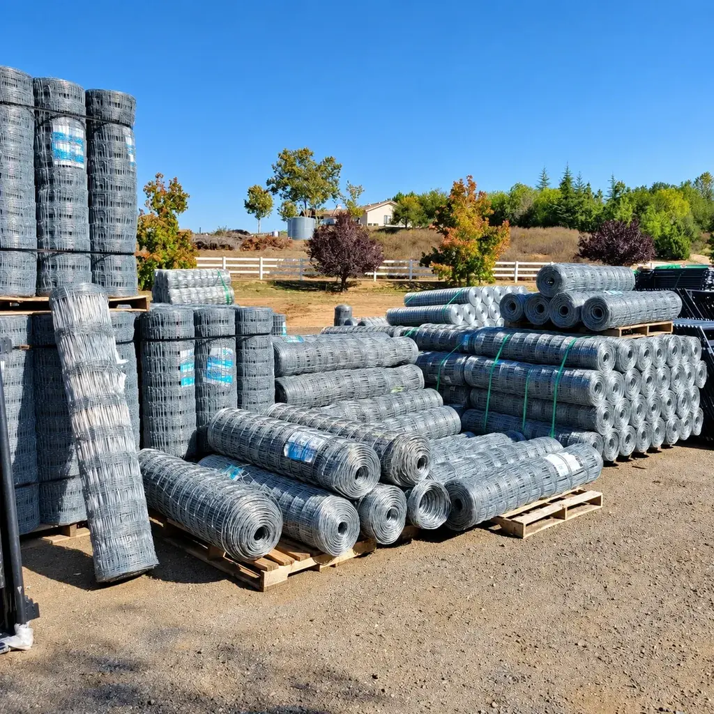 Pallets of wire field fence rolls held in yard stock