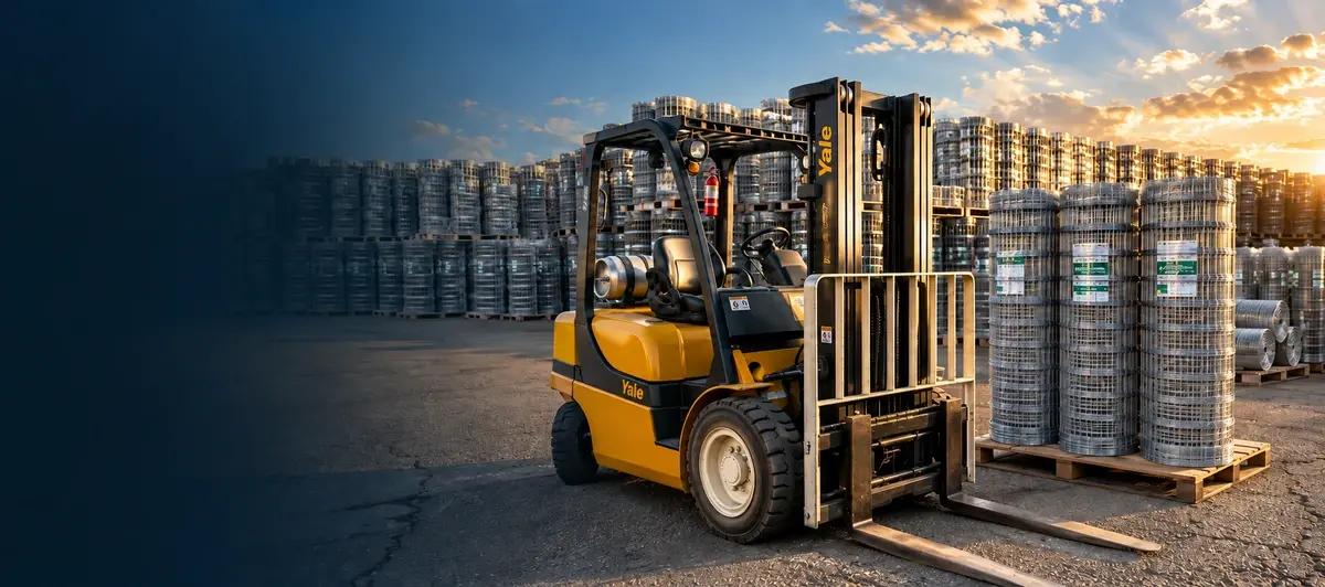 Forklift beside palletised wire rolls in an outdoor storage yard