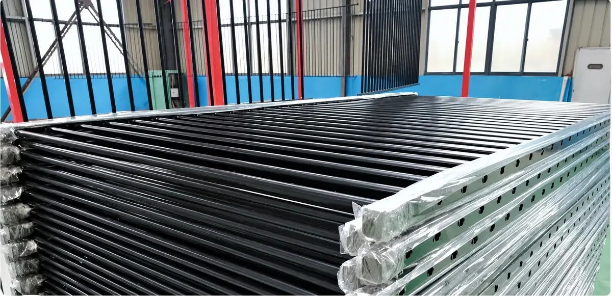 Stacked metal fence panels prepared for packing