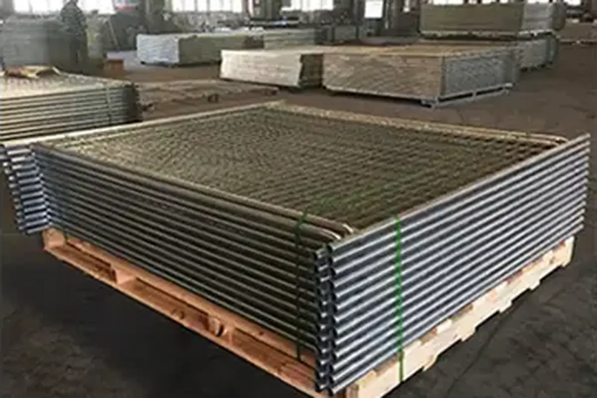 Stack of welded mesh fence panels secured on a pallet