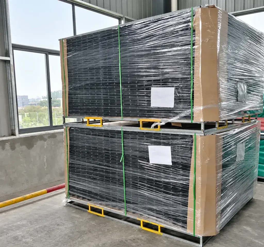 Two wrapped steel gate packages with handling supports and labels