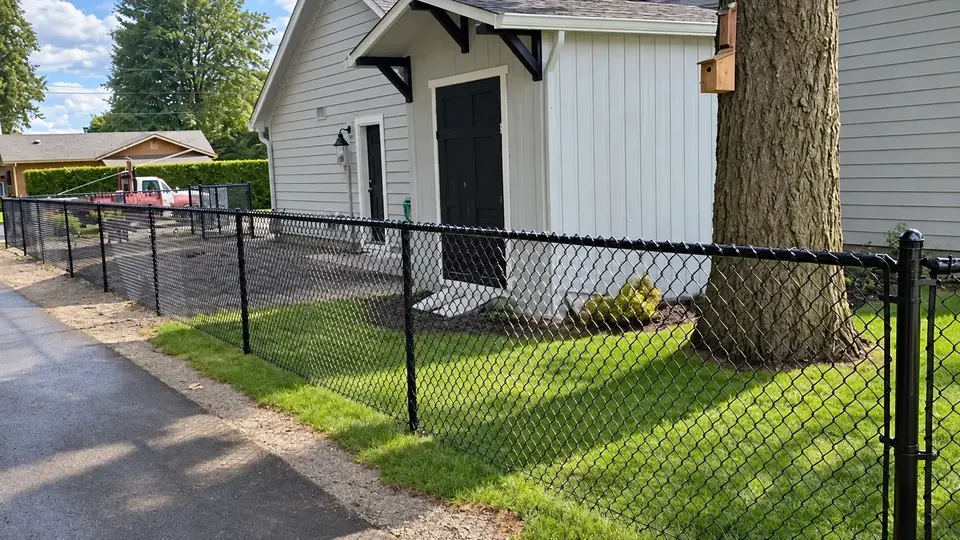 Black chain link fence around a residential garden