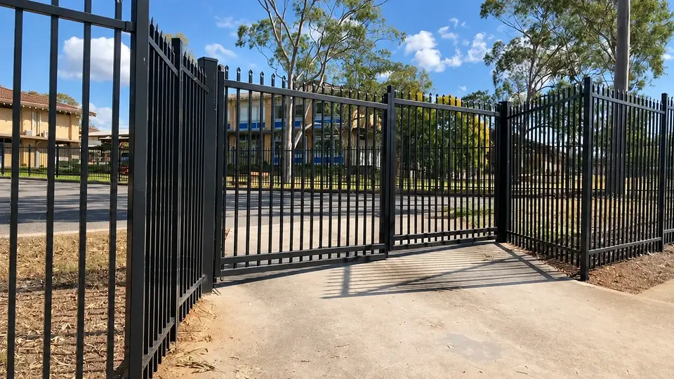 Black double leaf steel gates between matching fence panels