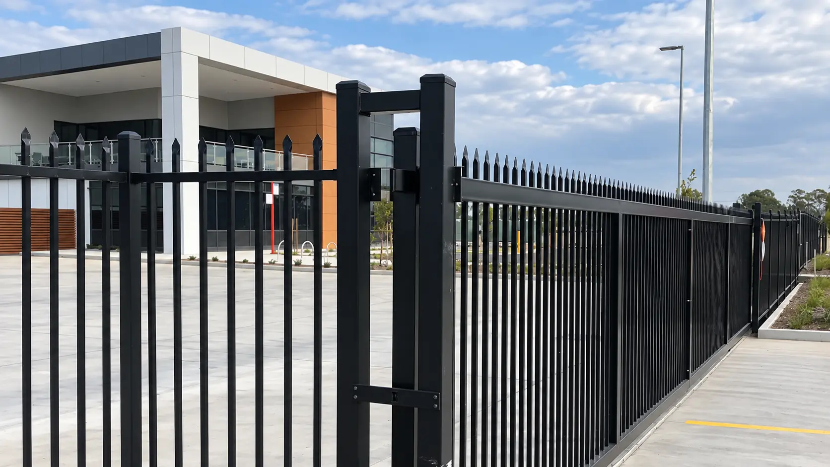 Black gate and fence posts beside a paved commercial entrance