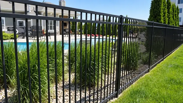 Black flat top metal railing beside garden planting