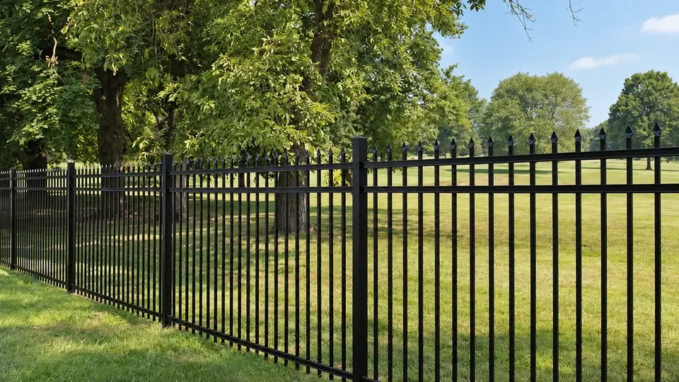 Black metal picket fence beside a grassy garden