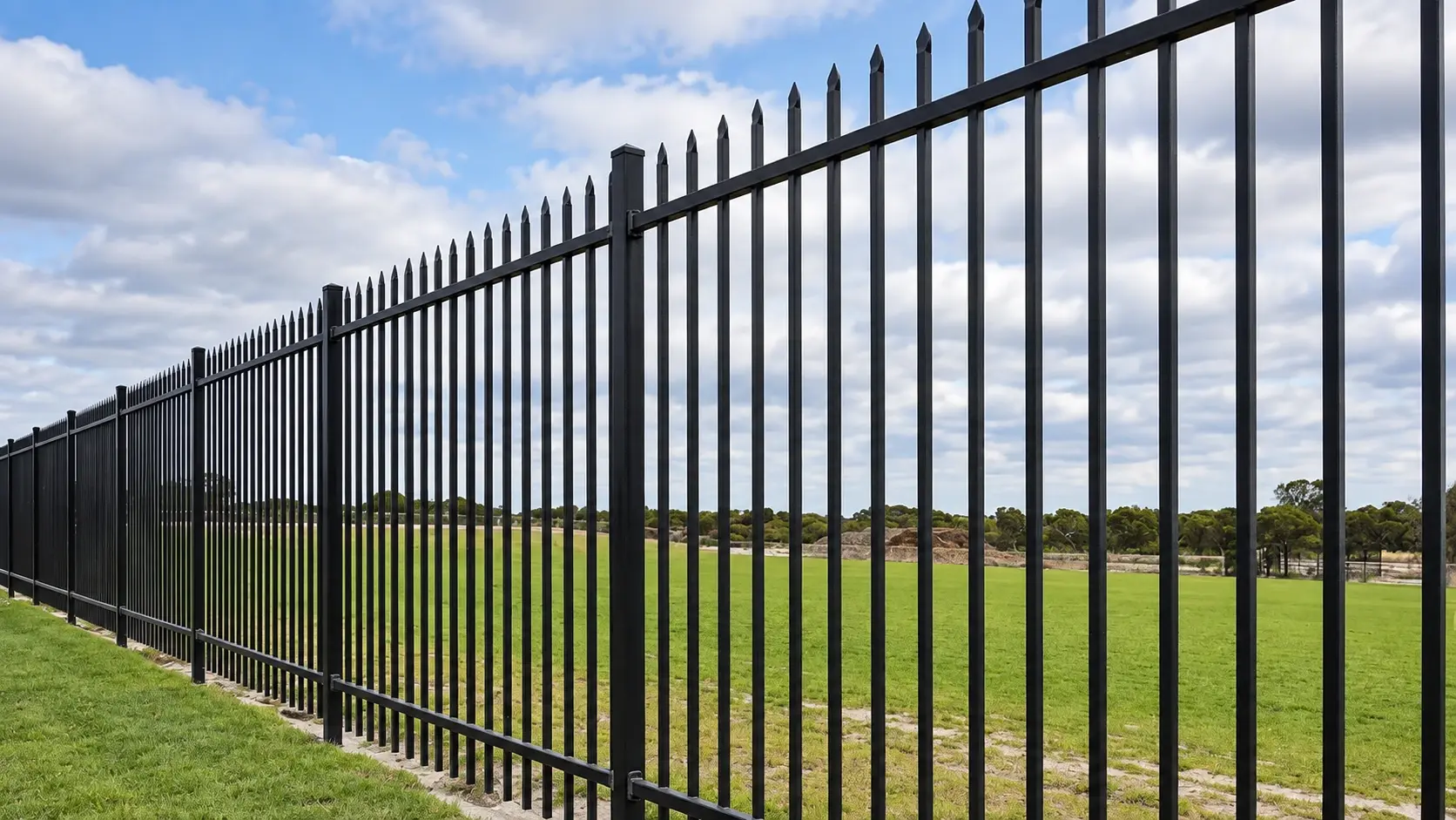 Black pointed metal fence beside a commercial lawn