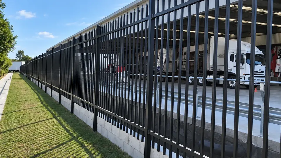 Black steel security pales along a roadside wall