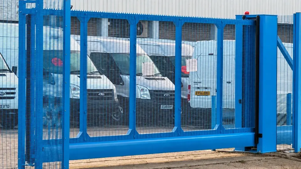 Blue sliding security gate across a vehicle entrance