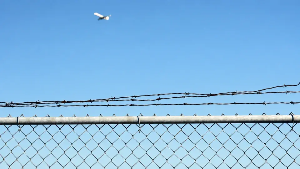 Barbed wire topping above a chain link fence