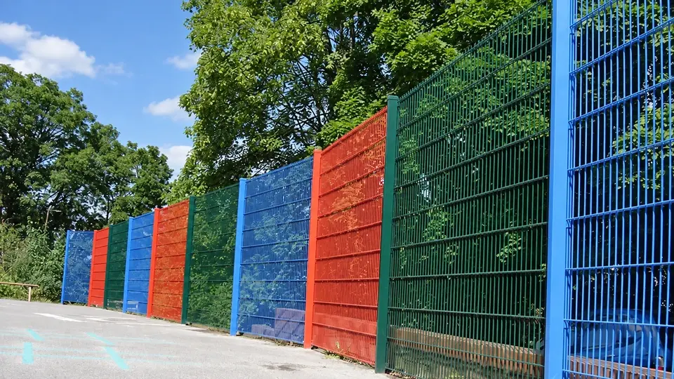 Repeated colored mesh panels and evenly spaced posts
