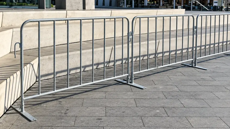 Crowd barriers with projecting support feet along a pavement