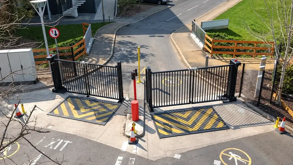 Double leaf metal gates viewed from above an entrance