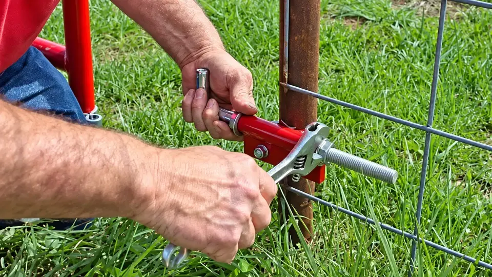 Hand tools adjusting hardware on a mesh farm gate