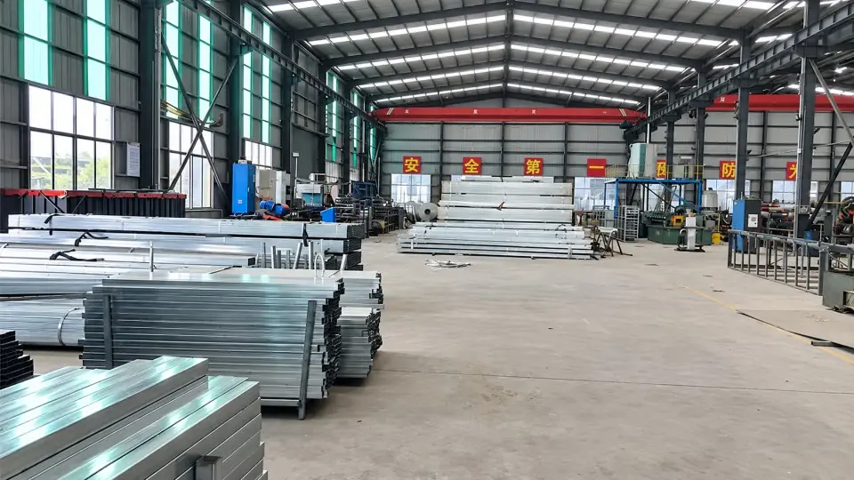 Metal fence components arranged inside a production hall