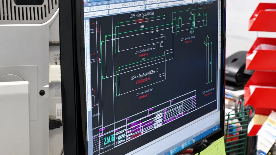 Fence component drawing displayed on a workstation