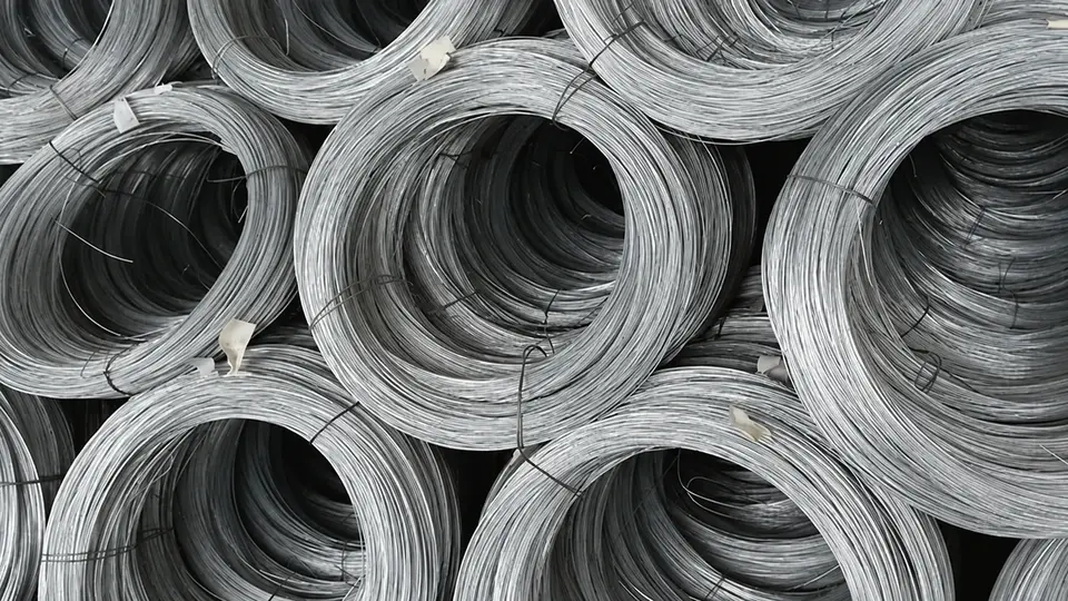 Coils of galvanized wire stacked in a warehouse