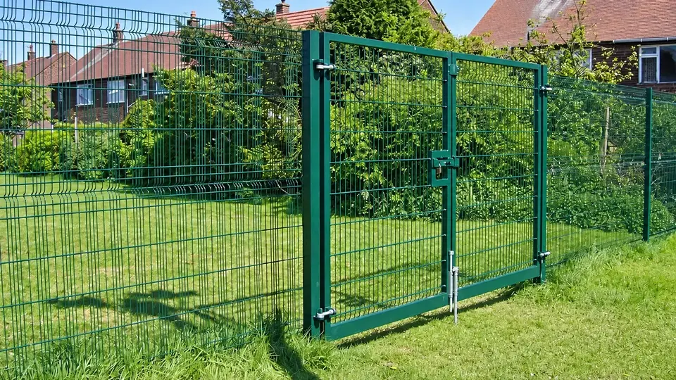 Green mesh gate supported by square metal posts