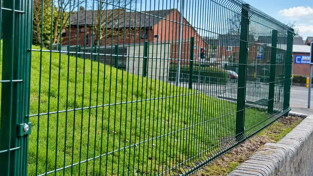 Green panel fence along a paved school boundary
