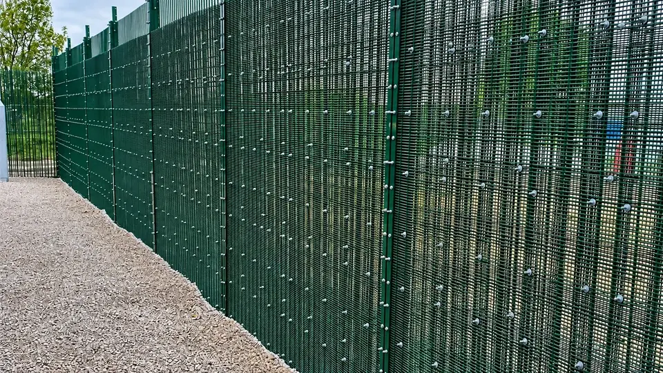 Long green security fence along a gravel service route