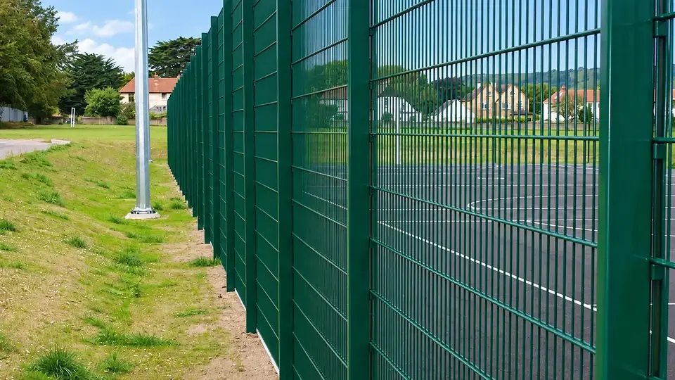 Green fence posts and mesh joints beside a sports pitch