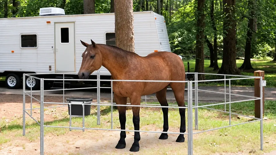 Horse standing inside a tubular panel enclosure