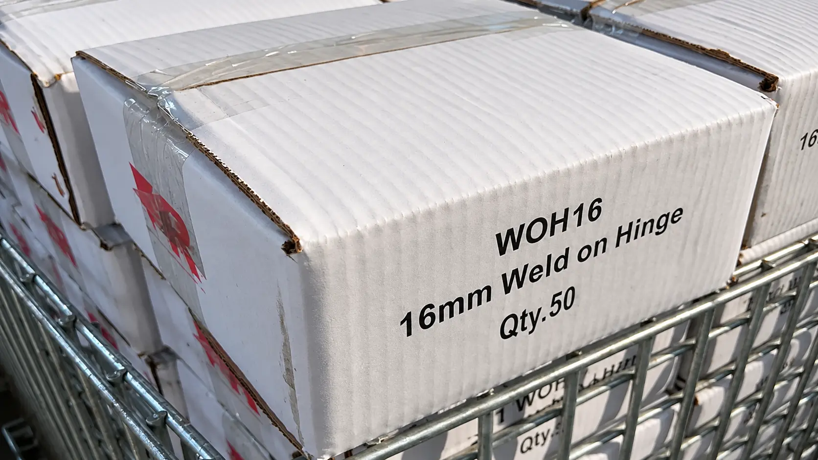 Labeled carton of galvanized weld on gate hinges
