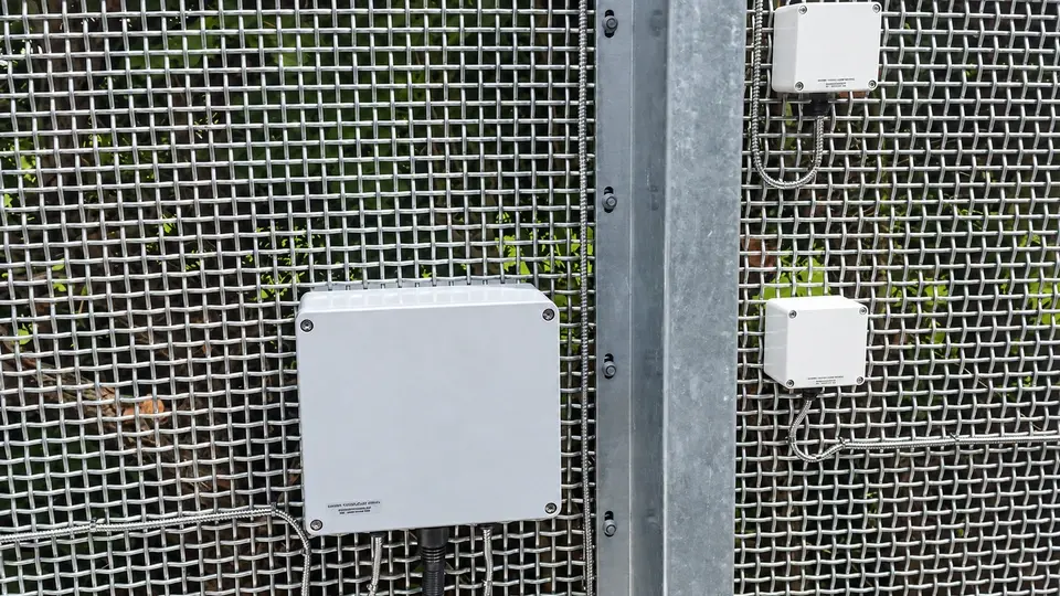 Detection equipment mounted beside a mesh fence post