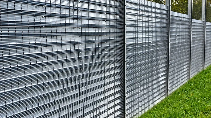 Privacy louvres mounted behind a wire mesh fence
