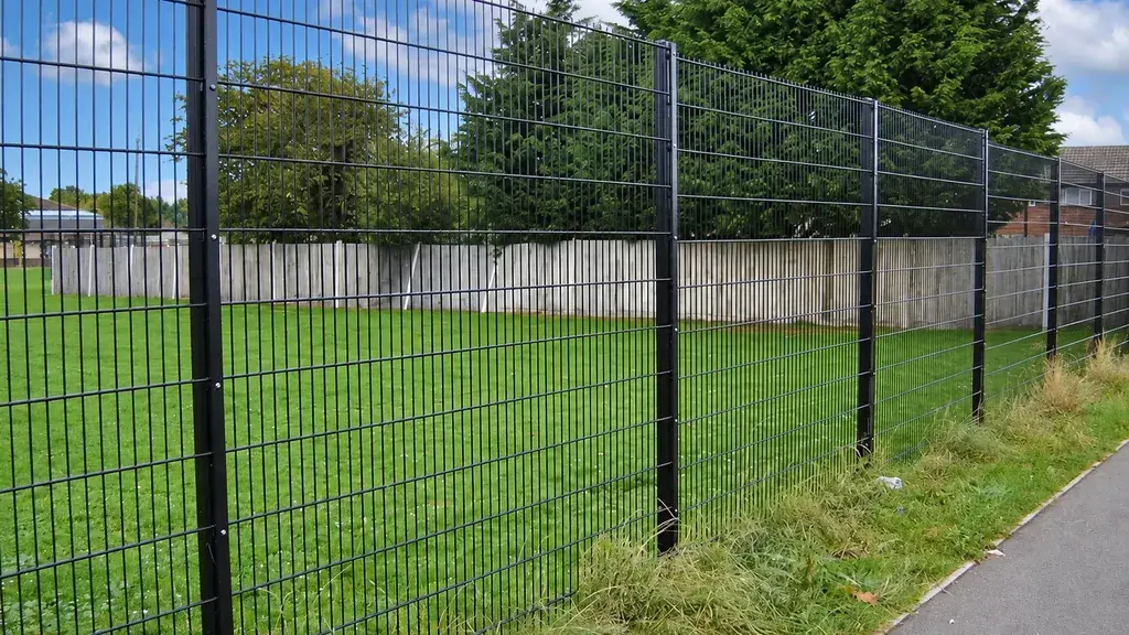 Regular welded mesh panels and posts beside a path