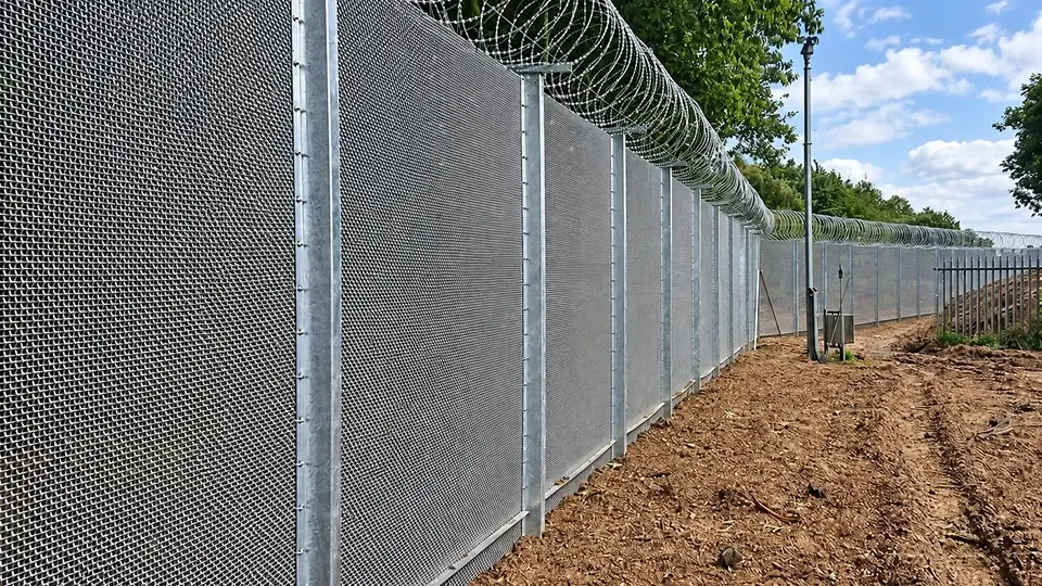 Galvanized mesh perimeter with concertina wire topping