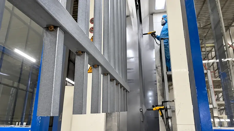 Metal panels passing through a powder coating booth