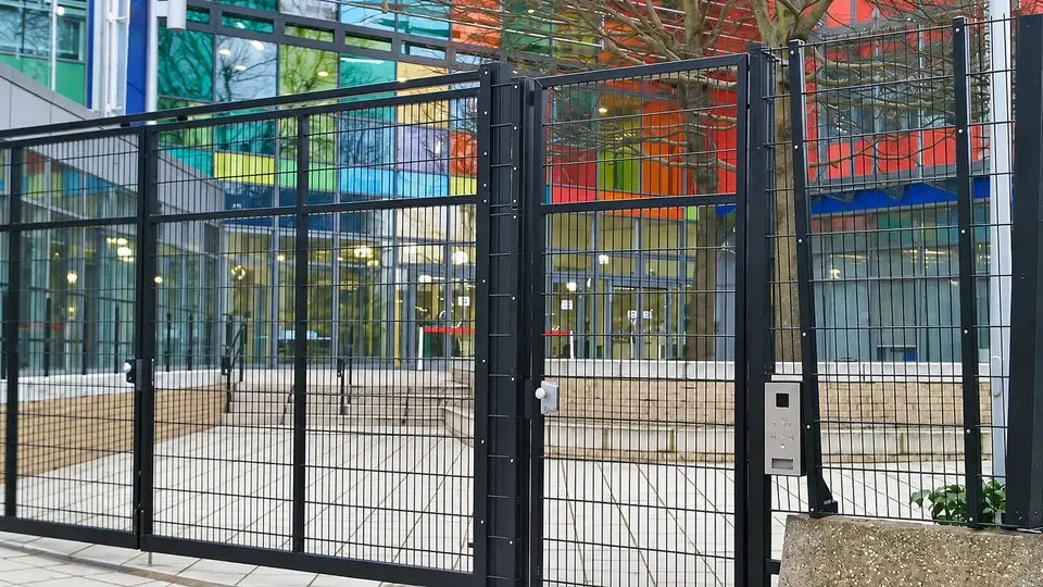 Pedestrian and vehicle gates at a building entrance