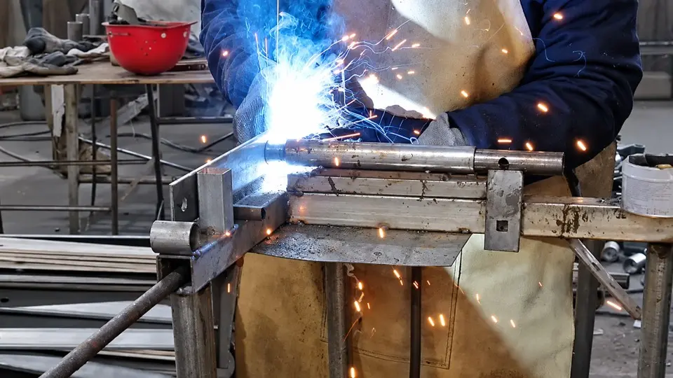 Worker welding the tubular frame of a portable metal barrier