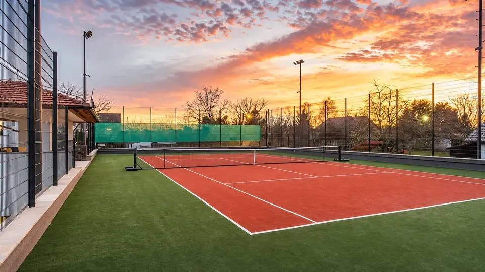 Fenced tennis court with a red playing surface at sunset