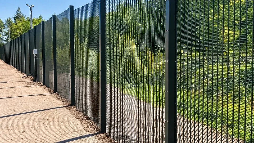 Tall reinforced mesh panels along a secure perimeter